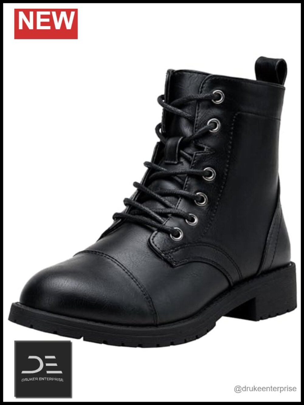 Faux Leather Lace Up Combat Ankle Boots Low Block Heel